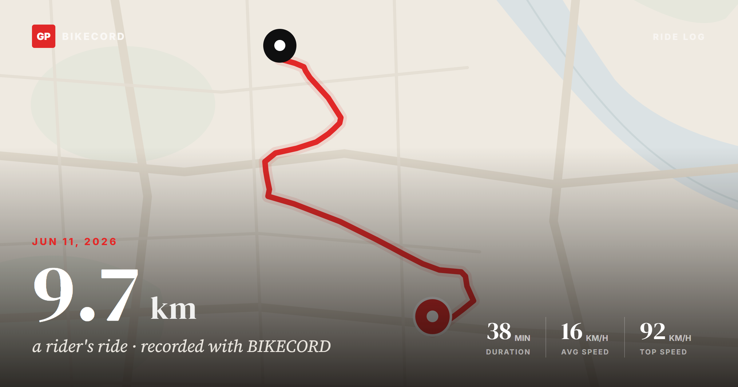 메신저로 받은 BIKECORD 라이딩 카드 — 9.7km 경로와 기록
